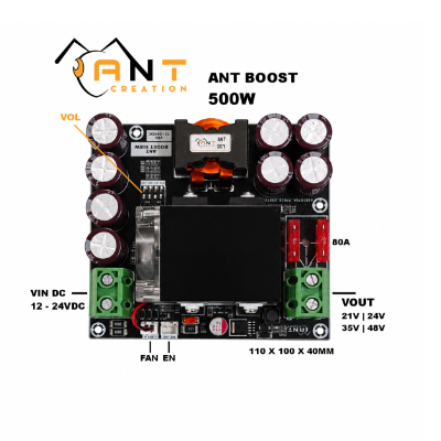ABT500 - Mạch Boost tăng áp 500W(công suất thực), 4 mức áp: 21V | 24V | 35V | 48V tích hợp quạt đổi màu