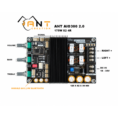 AIO 2.0 || AIO300 - Mạch khuếch đại công suất 2.0 TPA3223 175W X2 4R || QCC3034/ QCC5125 + DAC ES9023P hoặc MV BP1048B2 + DAC PCM1502A